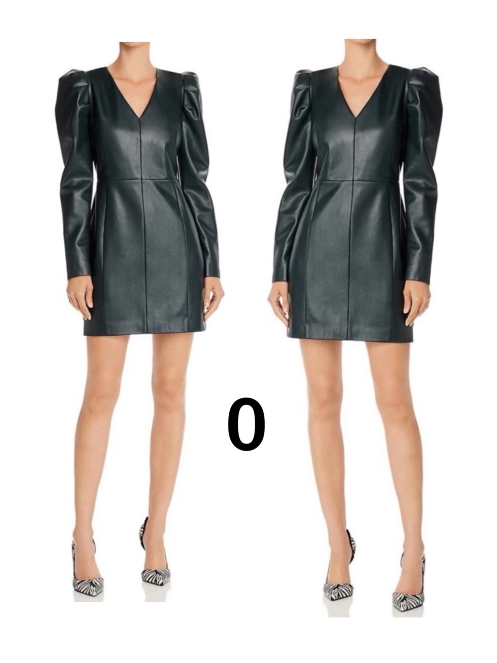 NWT dark hunter green leather vegan mini dress puff long sleeves V neck 0